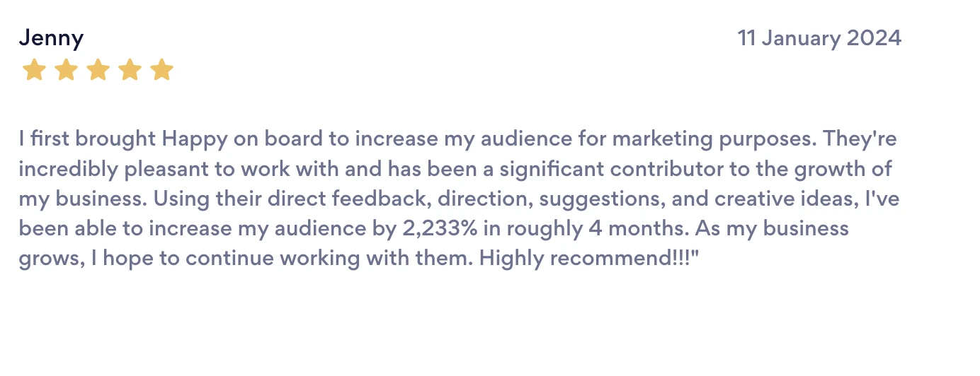 Review from Jenny: I have been able to increase my audience by 2,233% in roughly 4 months